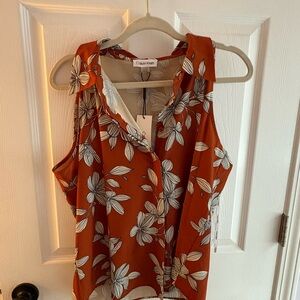 Calvin Klein Brown and Orange Sleeveless Buttoned Blouse